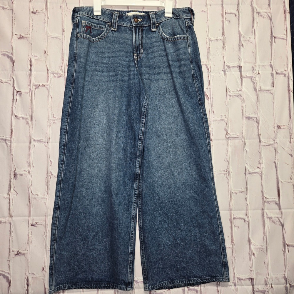 Y2K Hollister Super Baggy Mid-Rise Jeans Cherry Bow Embroidered Women 10R W30